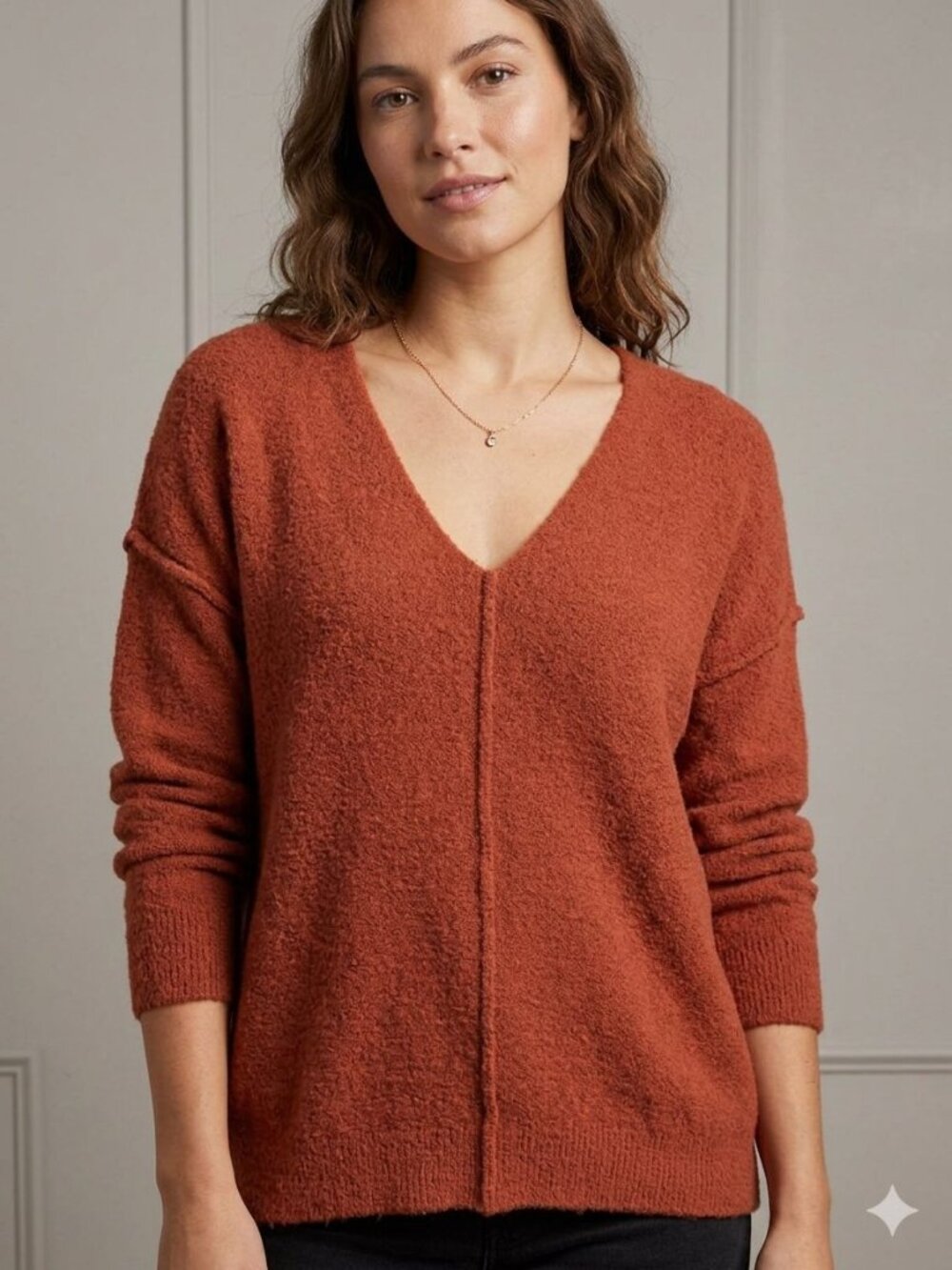 Wilfred Free Hush Knit v-neck pullover sweater in warm rust color, size S
